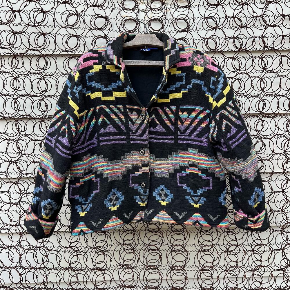 Vintage 90s ITF neon southwestern Aztec stripe woven tapestry jacket